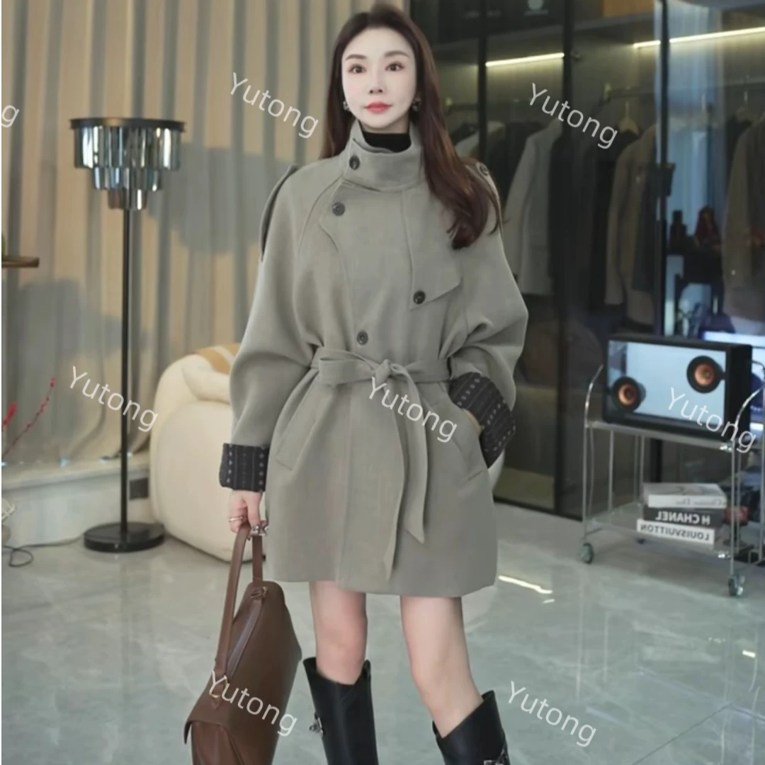 DYT HOME羊毛呢新国标90白鹅绒中长款立领外套插肩袖口拼接风衣
