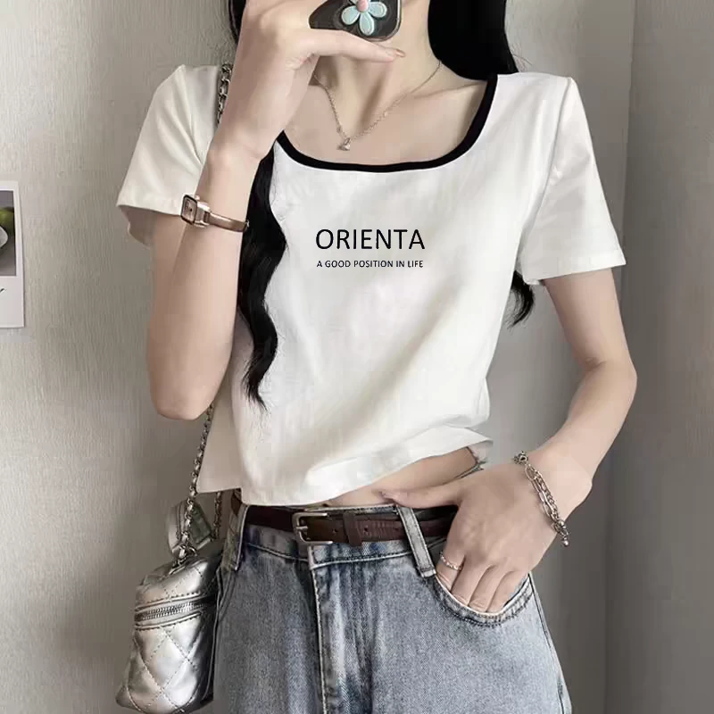 欧货白色正肩短袖t恤女2025夏季新款宽松巨好看设计感短款小上衣