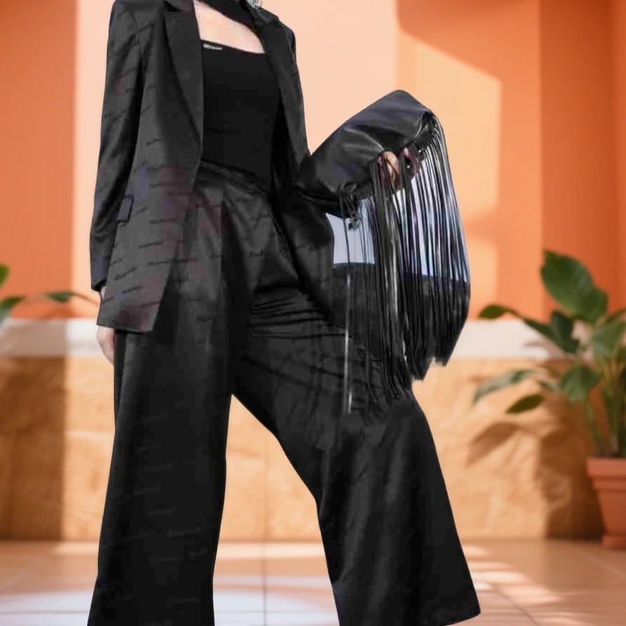 时尚轻奢设计酷感直筒阔腿裤提花复古黑色