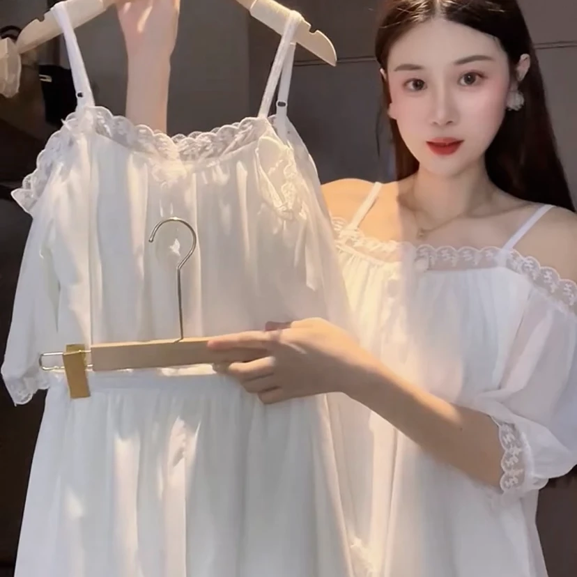 夏季新款宫廷风露肩吊带短袖短裤女仙女薄款公主网纱套装家居服