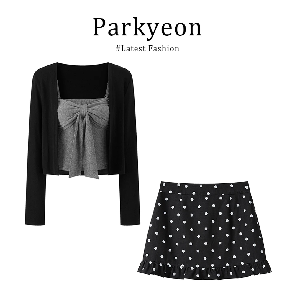 parkyeon黑灰色短款针织长袖t恤女早秋纯欲薄款搭配半身裙三件套