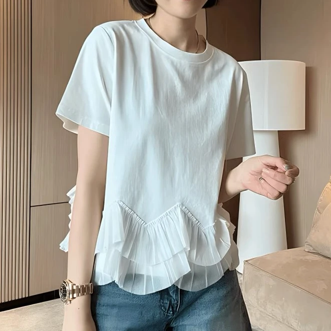 大码下摆网纱拼接正肩短袖t恤女2025新款夏季胖mm独特别致小上衣