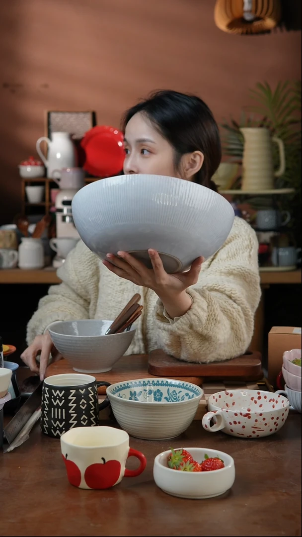 瓷片10.7英寸窑变竖条大汤碗  微瑕 凑满20发货