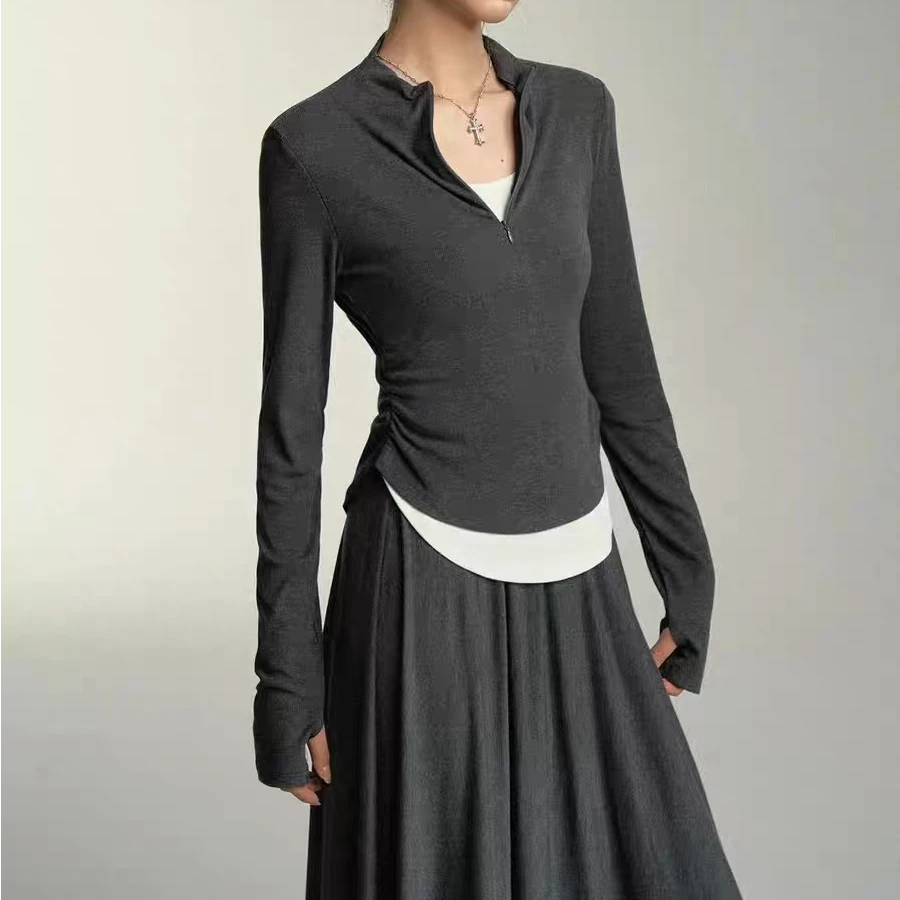 SS25065  假两件收腰捏褶半拉链针织上衣