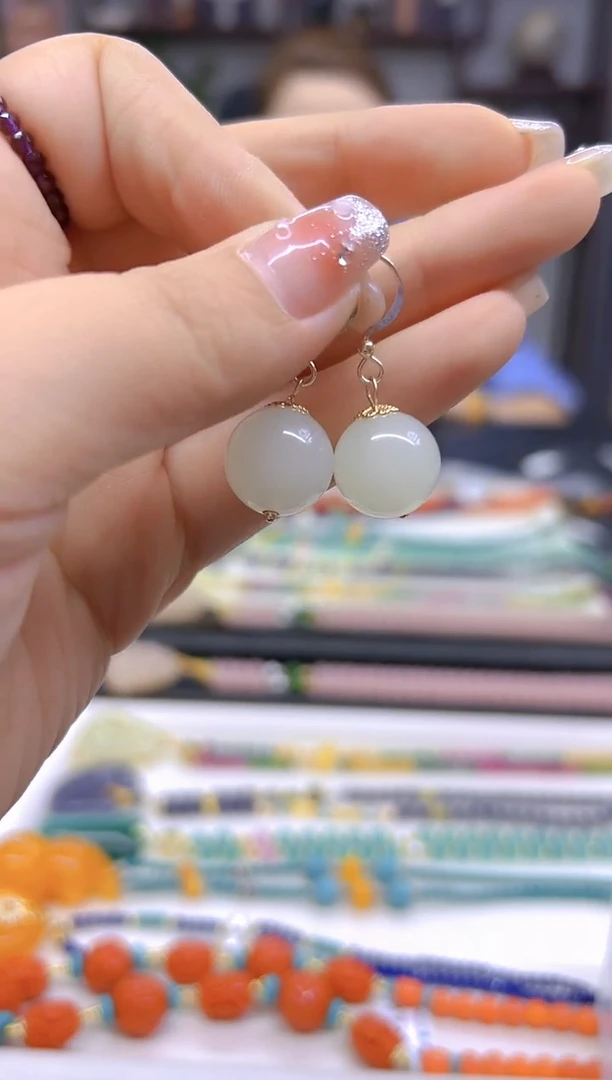 和田玉14K金镶嵌耳饰DIY款E673