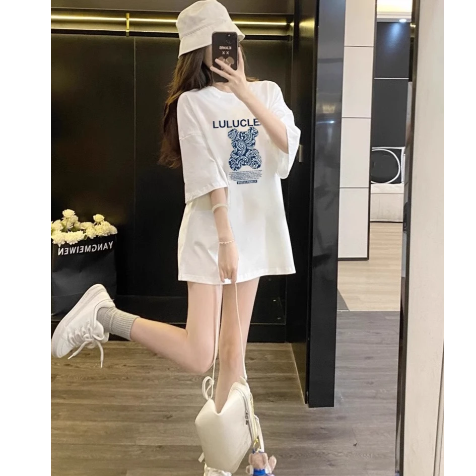 【现货】中长款短袖夏T恤2025新款白色圆领宽松纯棉小熊圆领上衣ins