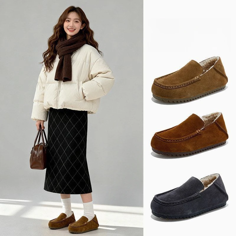 李一一【真皮两穿保暖毛毛鞋】新款一脚蹬平底棉单鞋女复古休闲女