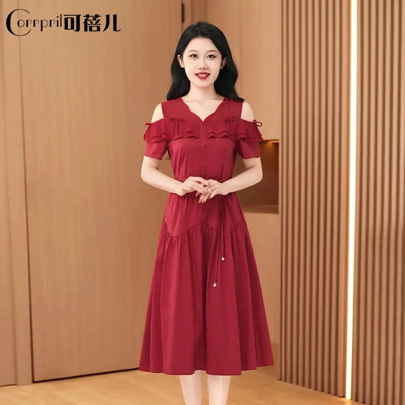 【可蓓儿】红色小个子气质连衣裙2025新款夏今年流行减龄十三行裙子