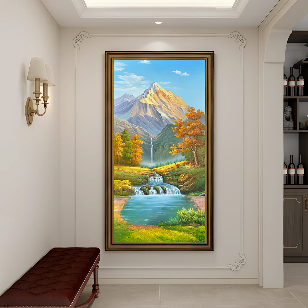 尚美诚【高山流水聚宝盆】风景写实现代装饰画玄关新中式轻奢风挂画
