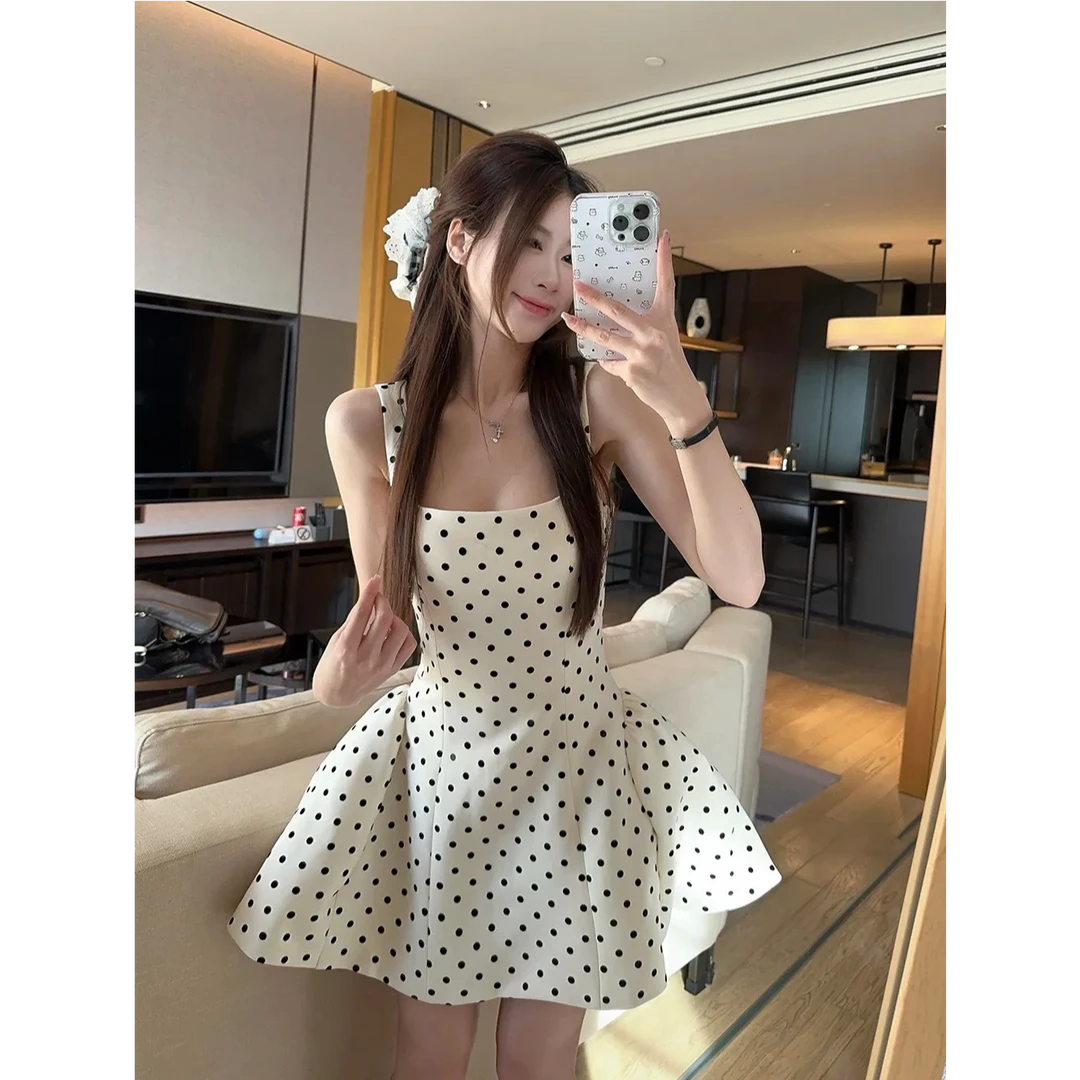 高品质双轨虞书欣姜暮Jennie同款白色波点连衣裙越南甜美短裙