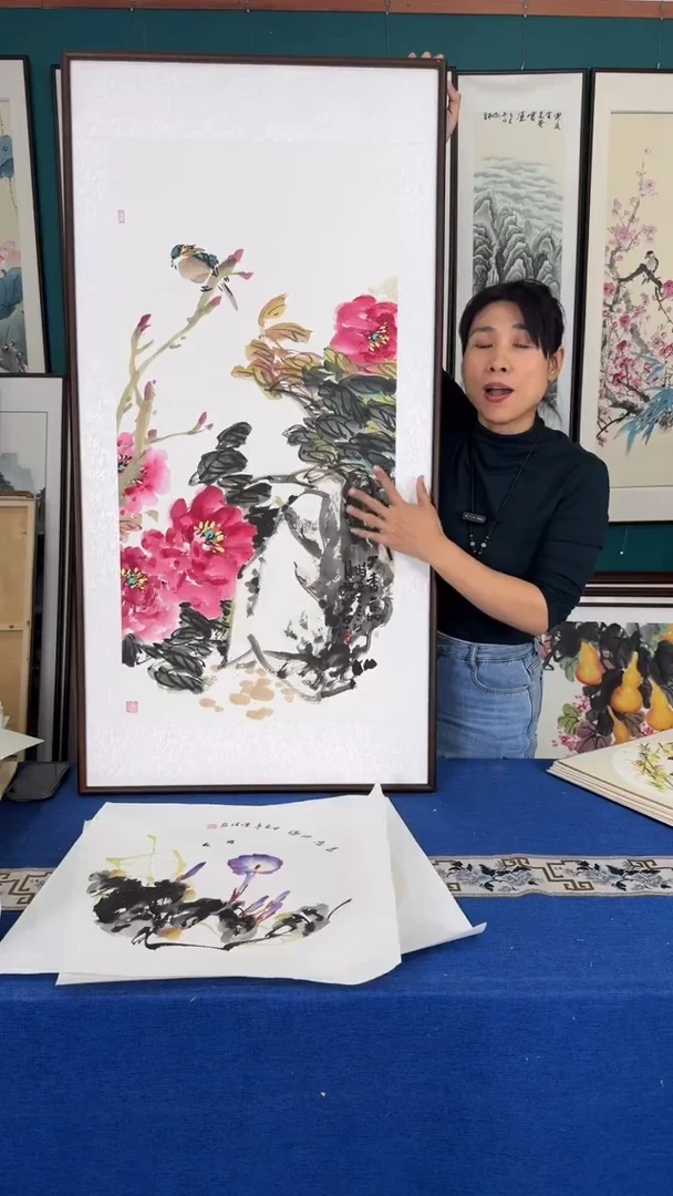 国画牡丹实木装裱60*120