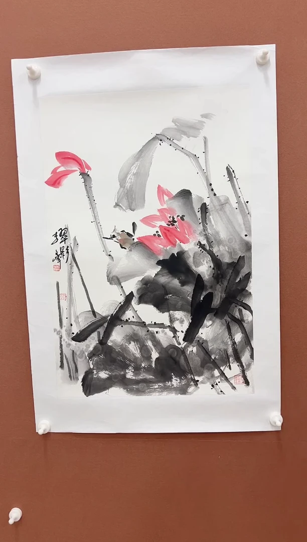 国画李文峰精品四尺三开泼彩荷花