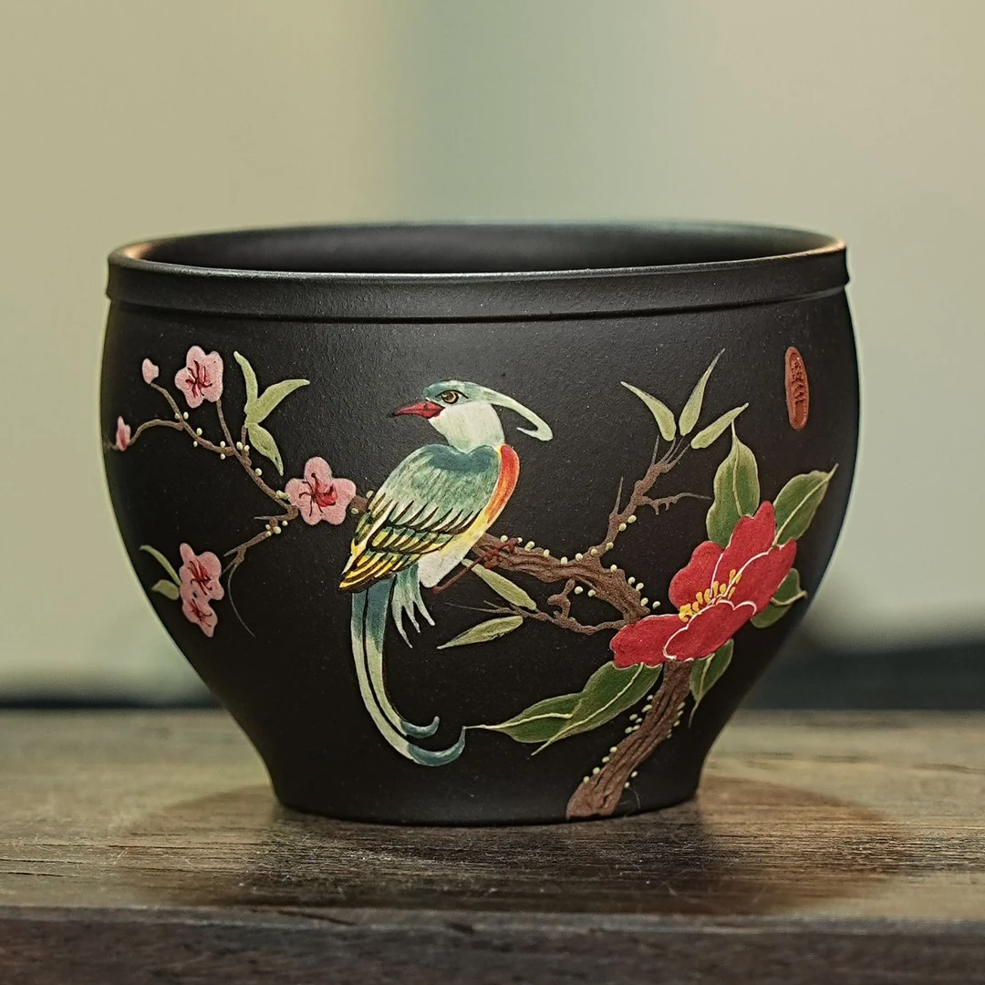 【2807喜上枝头杯】宜兴原矿紫砂手工堆绘花鸟主人杯