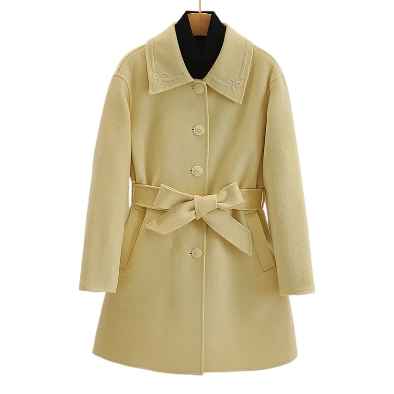 【伍莎-自营】简约纯色绑带方领双面呢外套#GFD48B008