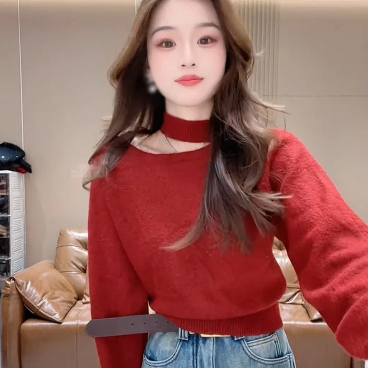 慵懒风挂脖半高领时尚毛针织衫女2025冬季新款宽松显瘦打底衫上衣