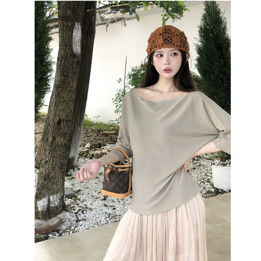 2025夏季新品高级设计感蝙蝠袖冰丝针织T恤女亲肤短袖上衣