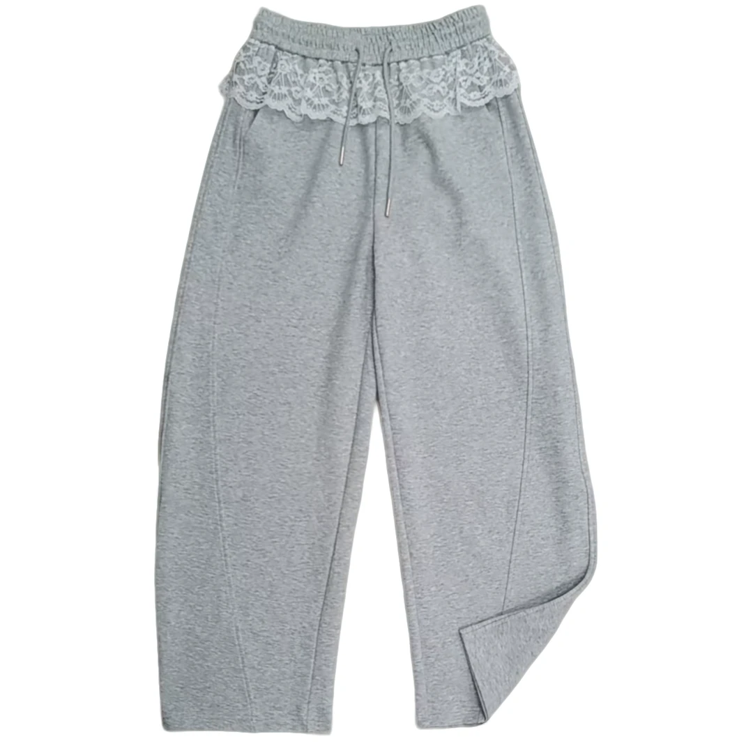 0256518腰头蕾丝卫裤 时尚简约个性百搭休闲舒适宽松减龄显瘦女士