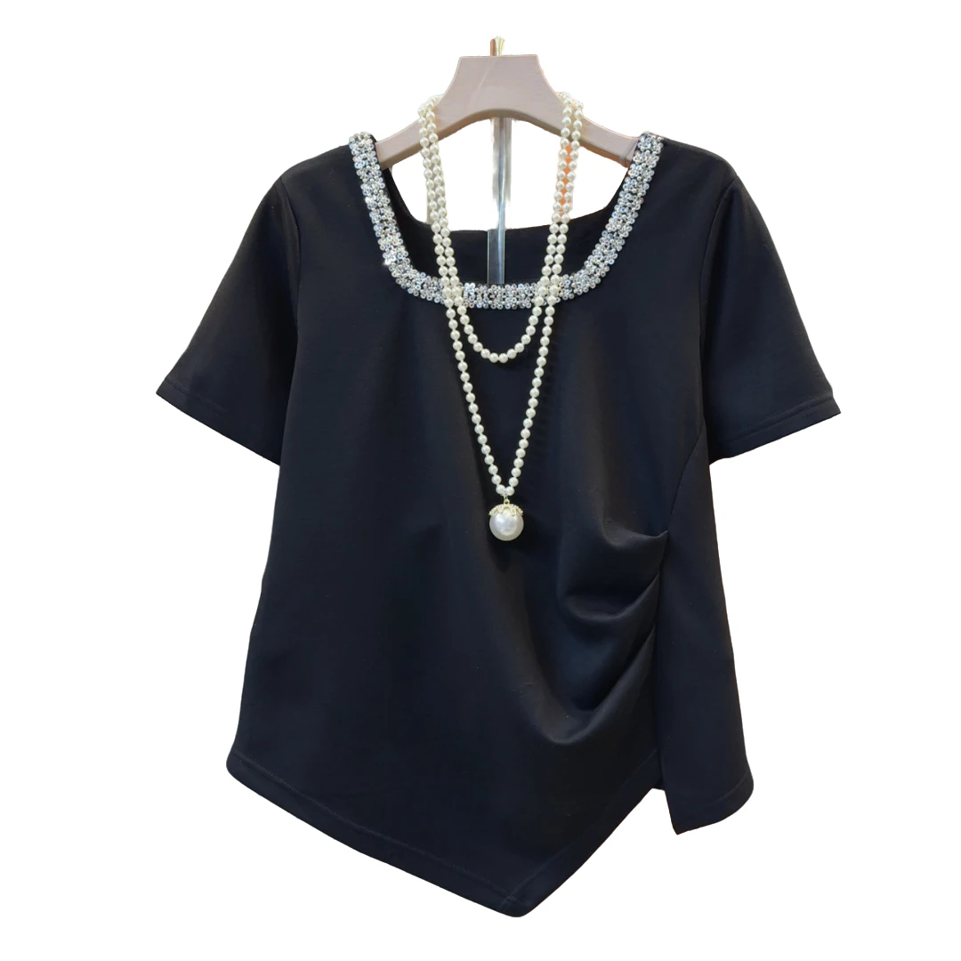 欧货轻奢气质洋气女人衫衣长57左右不规则褶皱设计感T恤百搭时尚