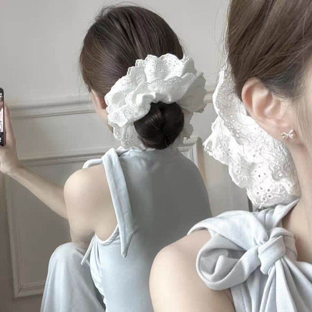 2024新款超大号手作纯棉蕾丝花边发圈白色法式镂空四层大肠圈