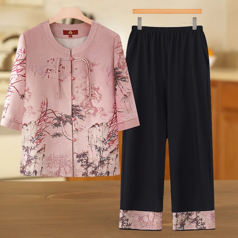 奶奶夏装衬衫中老年人女妈妈夏季衬衣套装老太太宽松两件套薄上衣