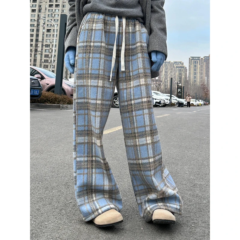 裤子女秋冬2025新款宽松慵懒风蓝色格子裤直筒显瘦百搭休闲阔腿裤