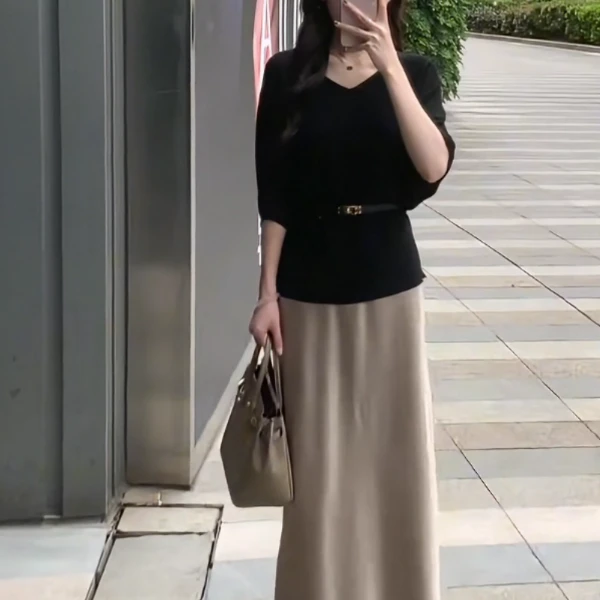 法式V领针织短袖T恤女夏季收腰显瘦百搭高级感气质蝙蝠袖常规上衣