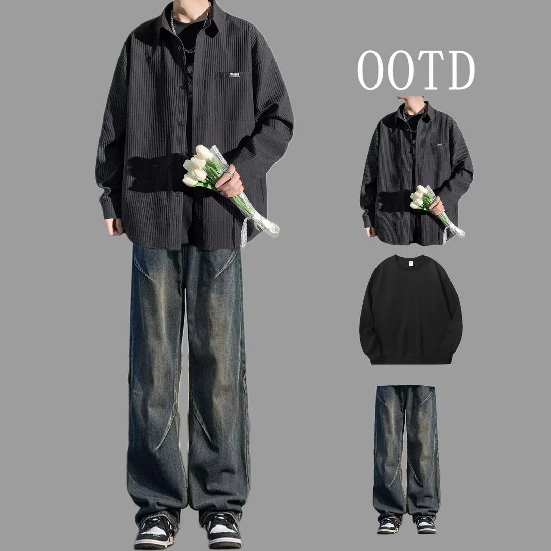 港风休闲衬衫外套套装男春秋潮牌痞帅一整套搭配高街牛仔裤三件装
