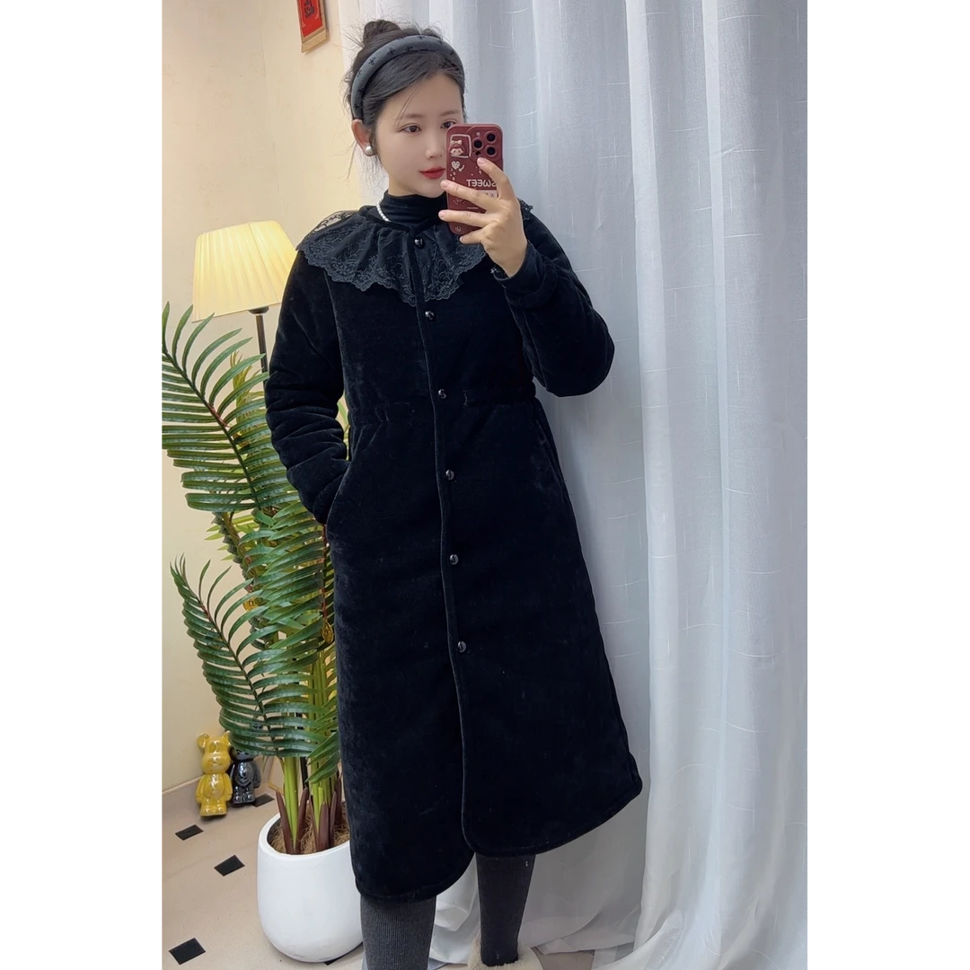 【蕾丝领长袍】雪尼尔蕾丝领三层加厚加绒外穿中长款外套一件过冬
