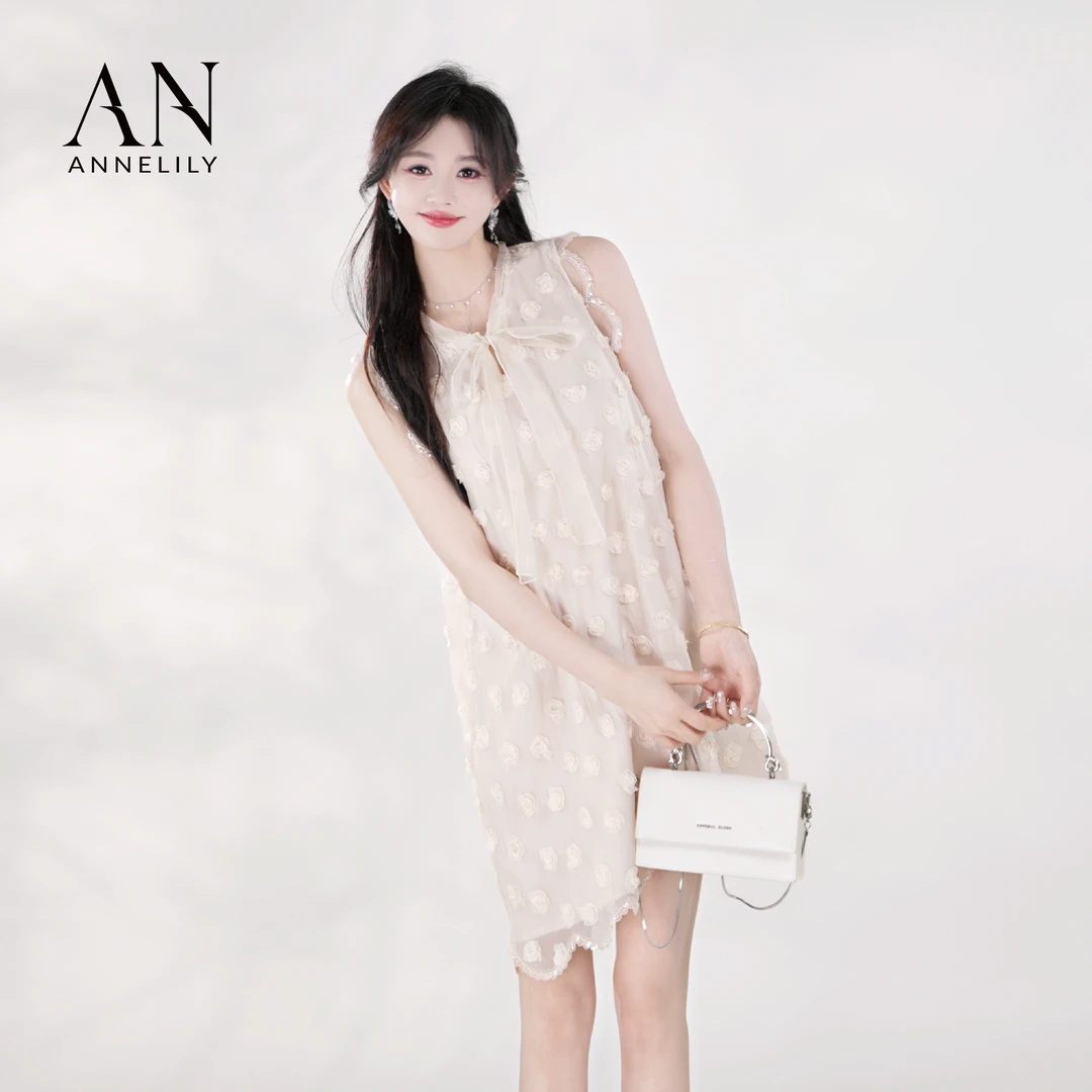 ANNELILY安琪琪【白旖】春夏气质仙气轻奢无袖连衣裙AQ2504026