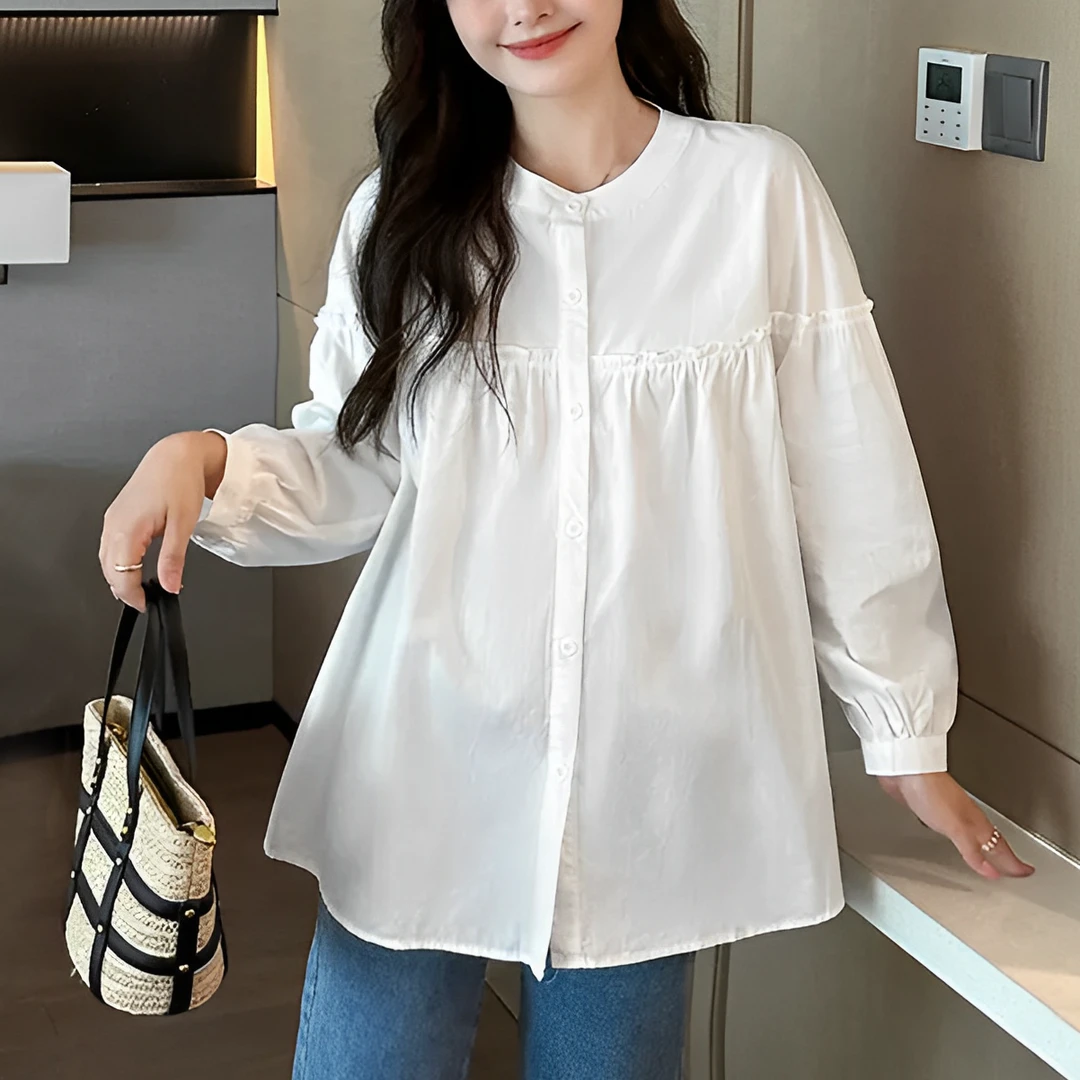 （长袖娃娃衫）时尚休闲百搭显瘦宽松长袖花边小众设计立领衬衫