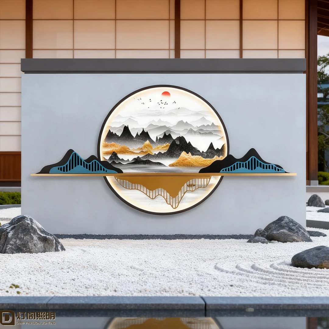 新中式户外山水意境壁灯客厅背景墙装饰灯圆形山峦禅意氛围壁灯
