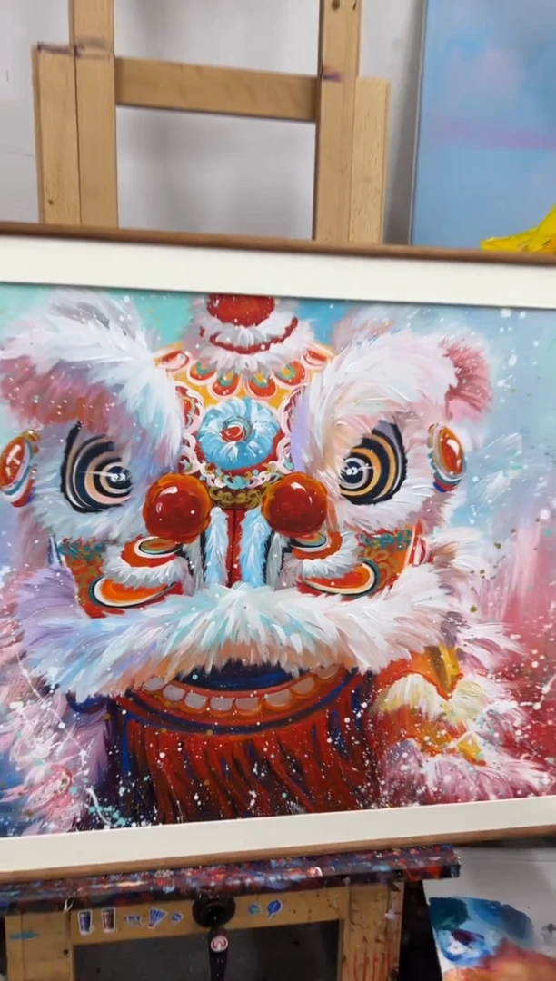 【闪购商品】丙烯画早川老师醒狮红色精装裱