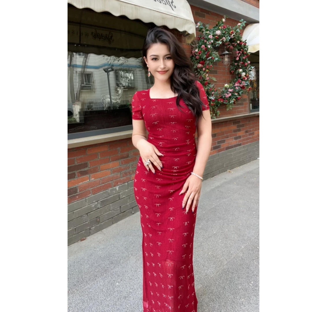 9801【】新款时尚夏季方网纱领烫钻气质女装连衣裙