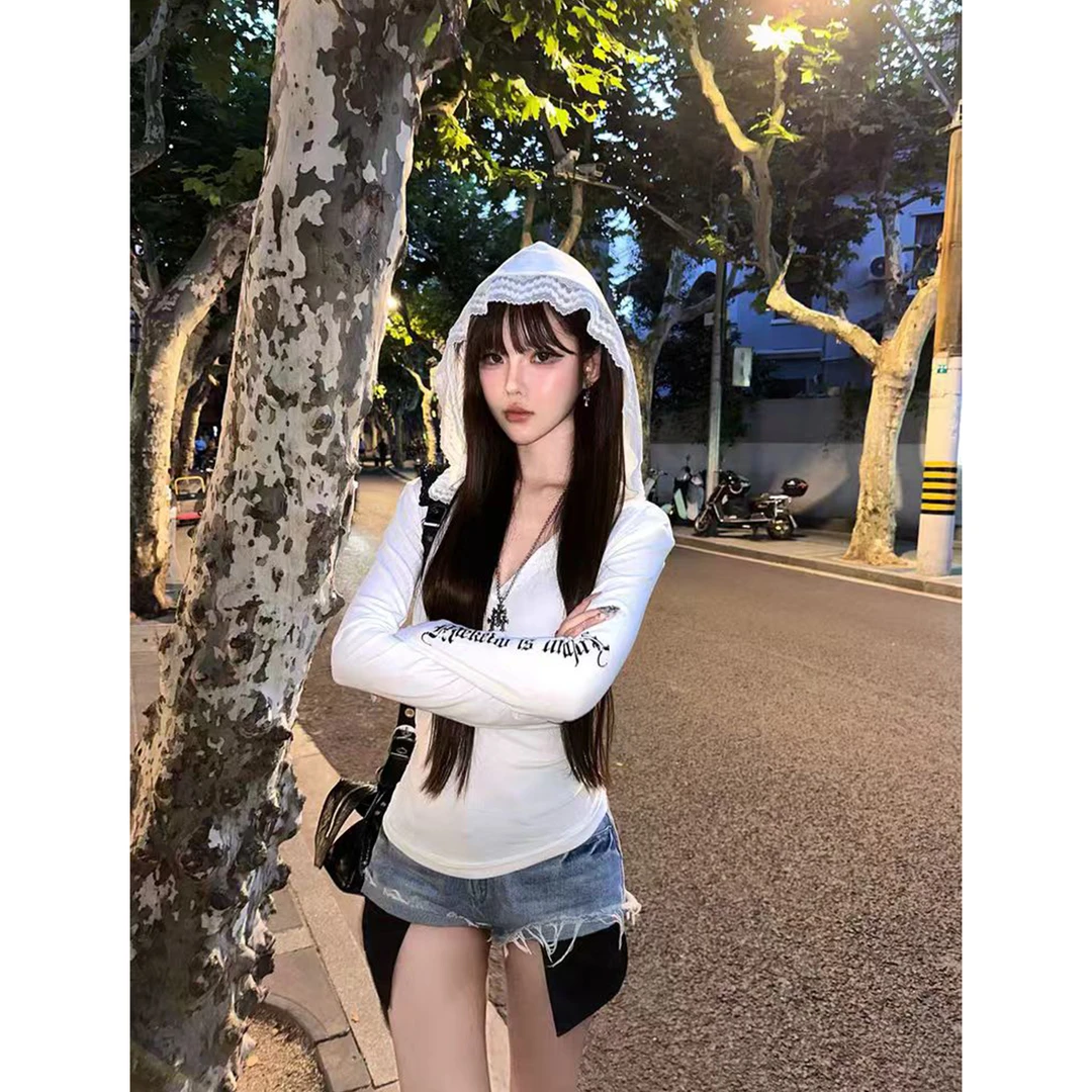 纯欲蕾丝连帽印花长袖高级感修身内搭打底衫Q 9179#