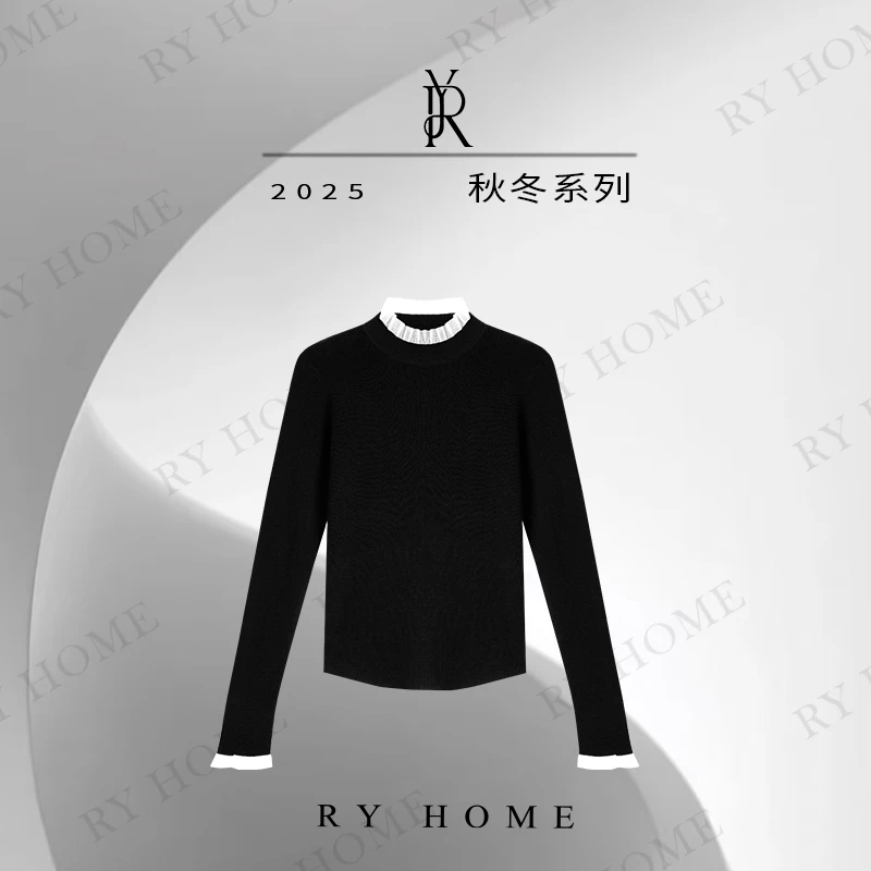 【容雨RYHOME】羊毛混纺拼接花边领打底衫253M3126