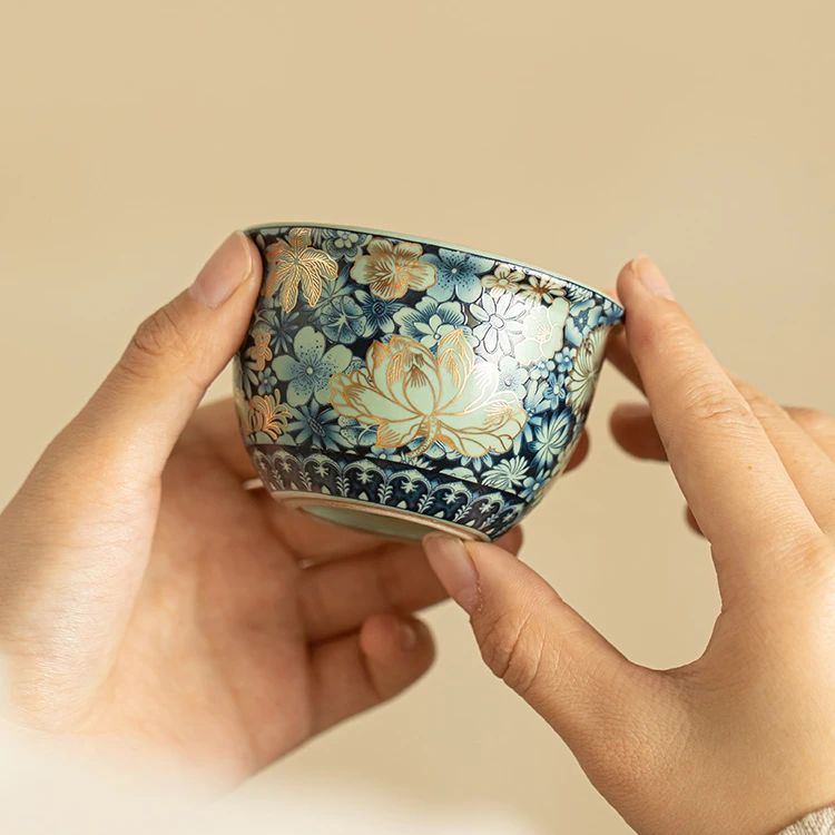 掐金牡丹主人杯汝窑繁花缸杯中式茶杯功夫茶具品茗杯 A9641