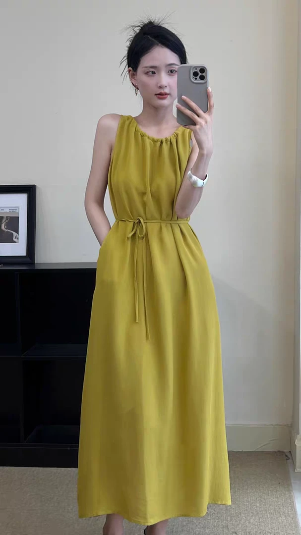 财财2025夏季新款气质收腰微胖显瘦棉麻长裙后绑带度假风连衣裙