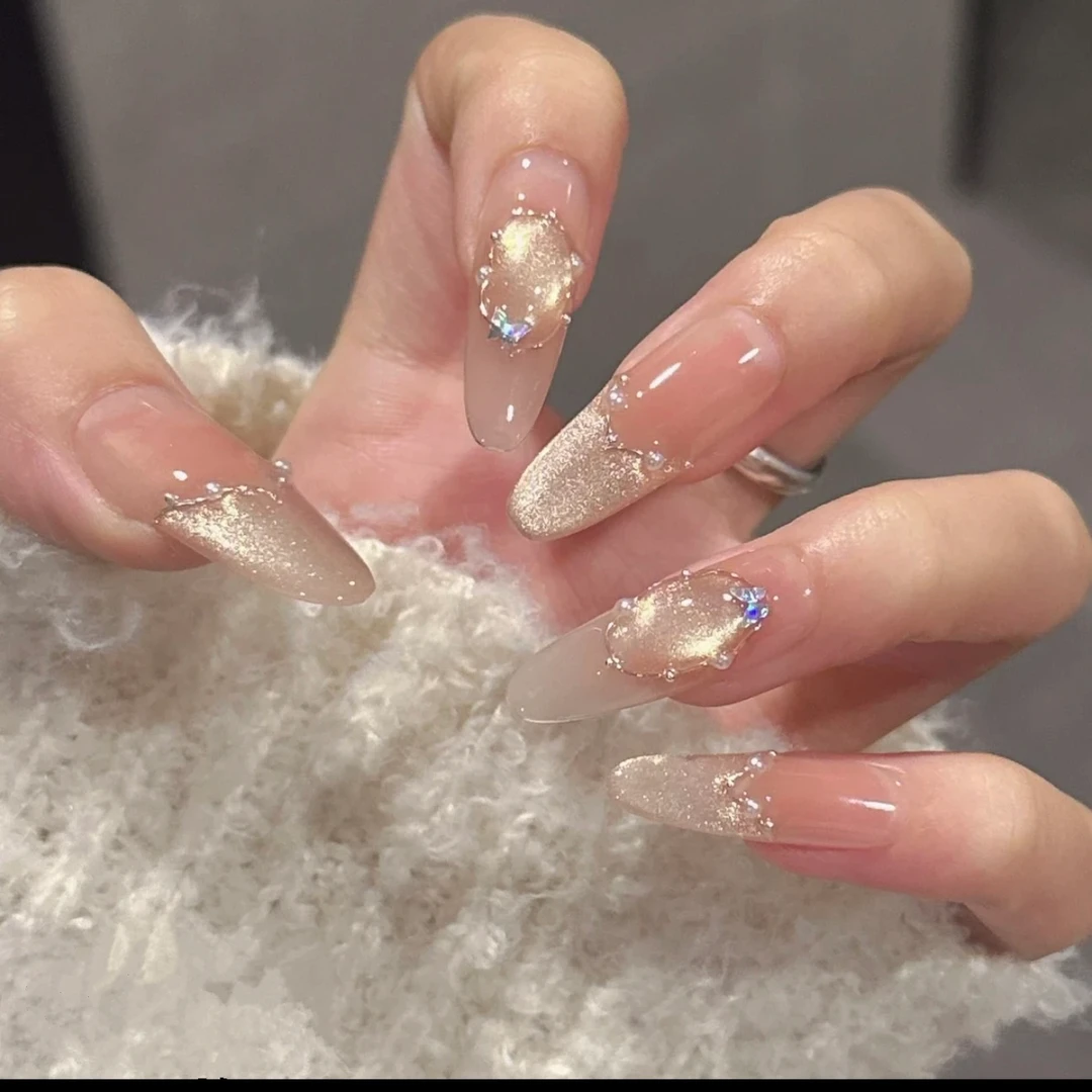 【镜花水月】金色猫眼蝴蝶冰透裸粉色少女仙女气质高级感美甲穿戴甲