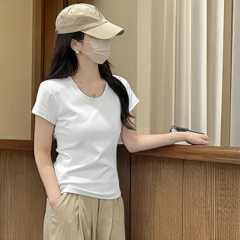 夏季半袖正肩百搭短款U型领白色短袖收腰修身女T恤显瘦韩系