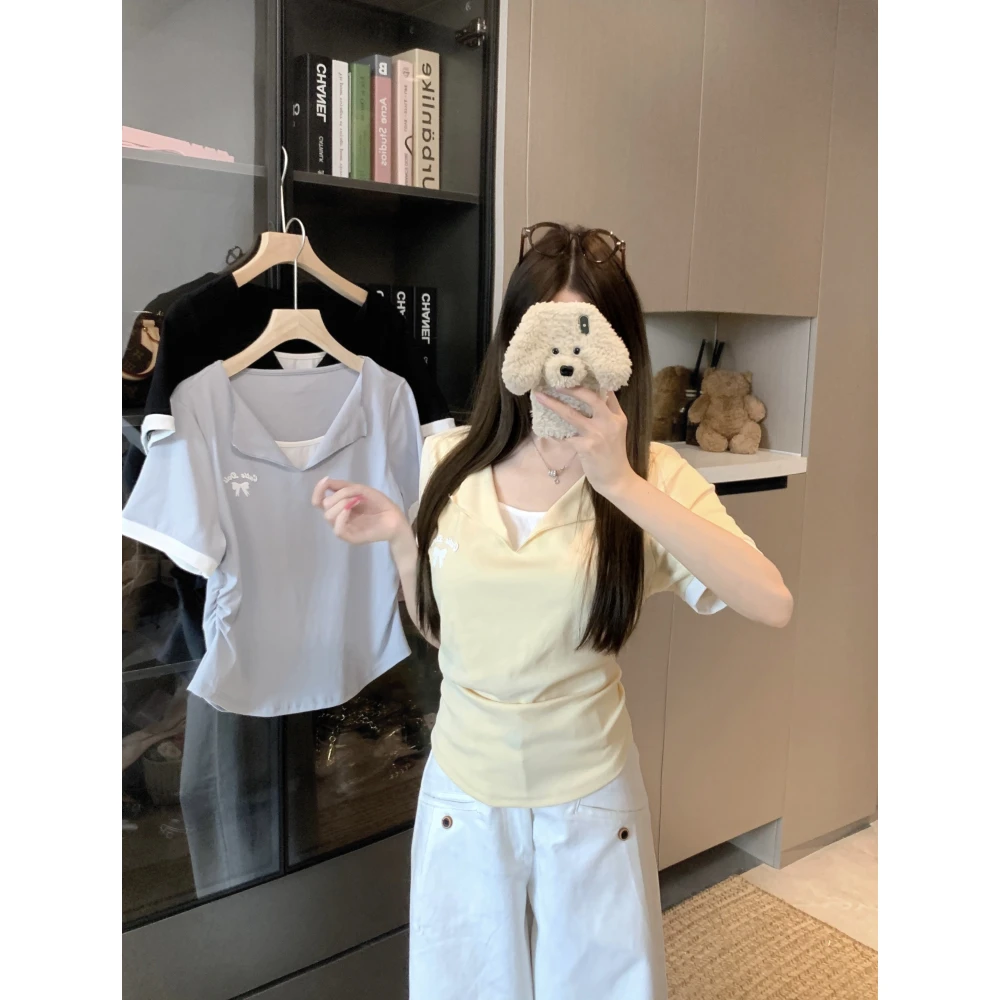 清大码2025夏季新款气质假两件翻领T恤微胖mm显瘦百搭上衣80026