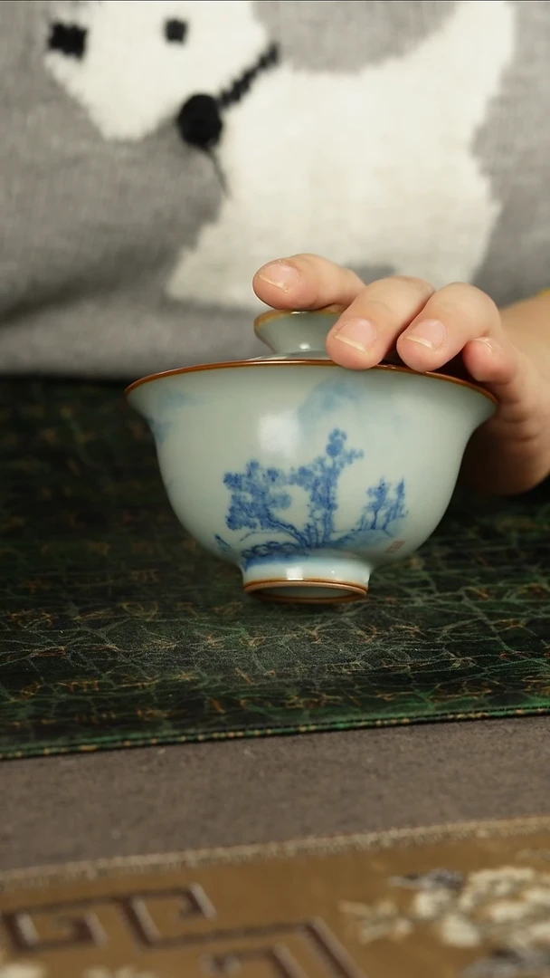 梦**臻善窑厂汝窑天青山水圆融盖碗