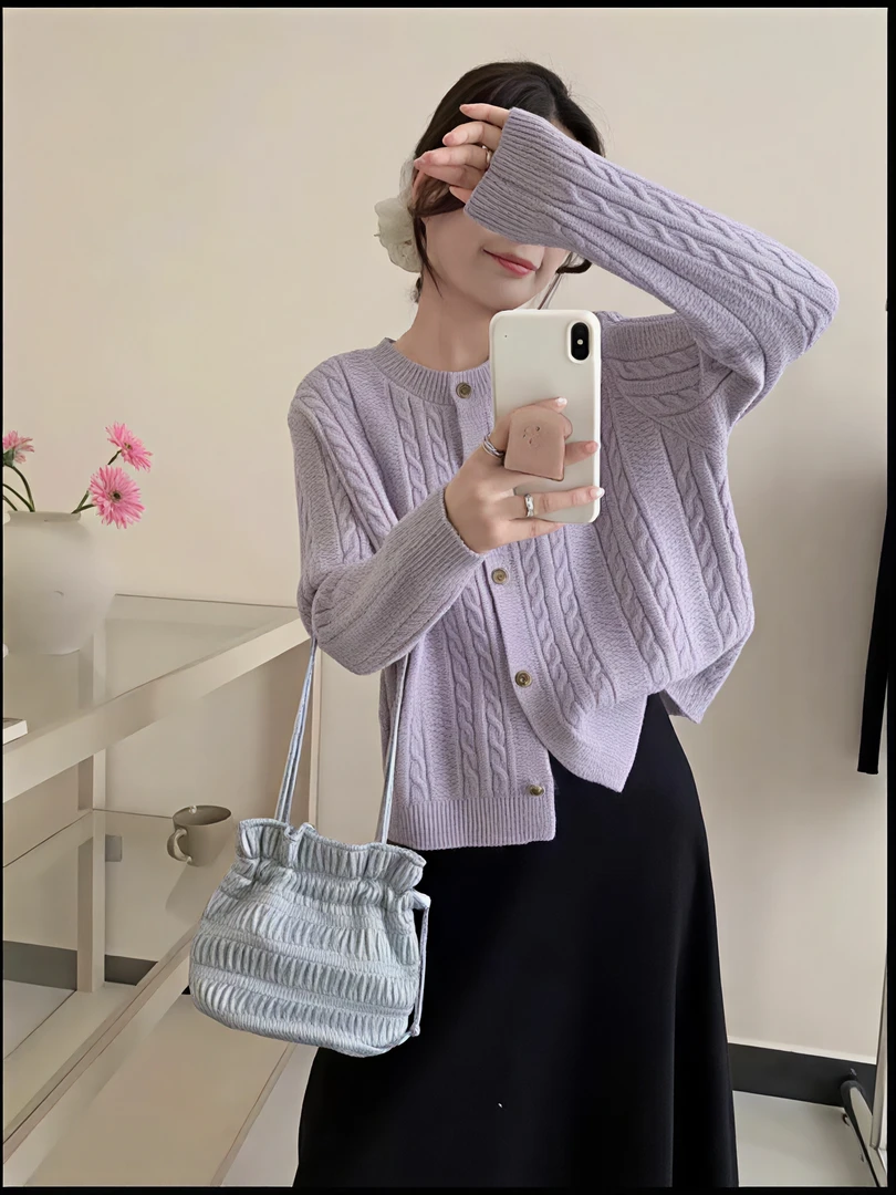 复古玫瑰花扣小麻花长袖针织2025秋冬新款加厚毛衣女时尚百搭开衫