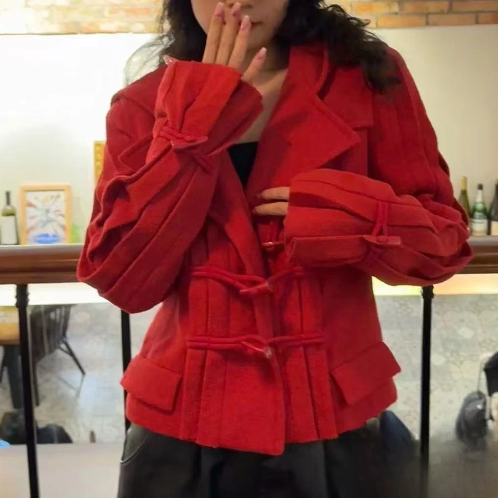 99新 Chanel/香奈儿 06A 红色连帽牛角扣 羊毛大衣 短款42