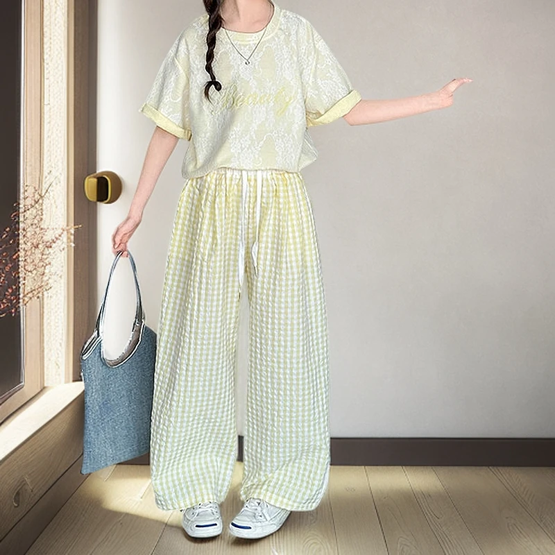 女童短袖套装2025新款洋气时髦夏季中大童休闲夏装格子裤两件套潮