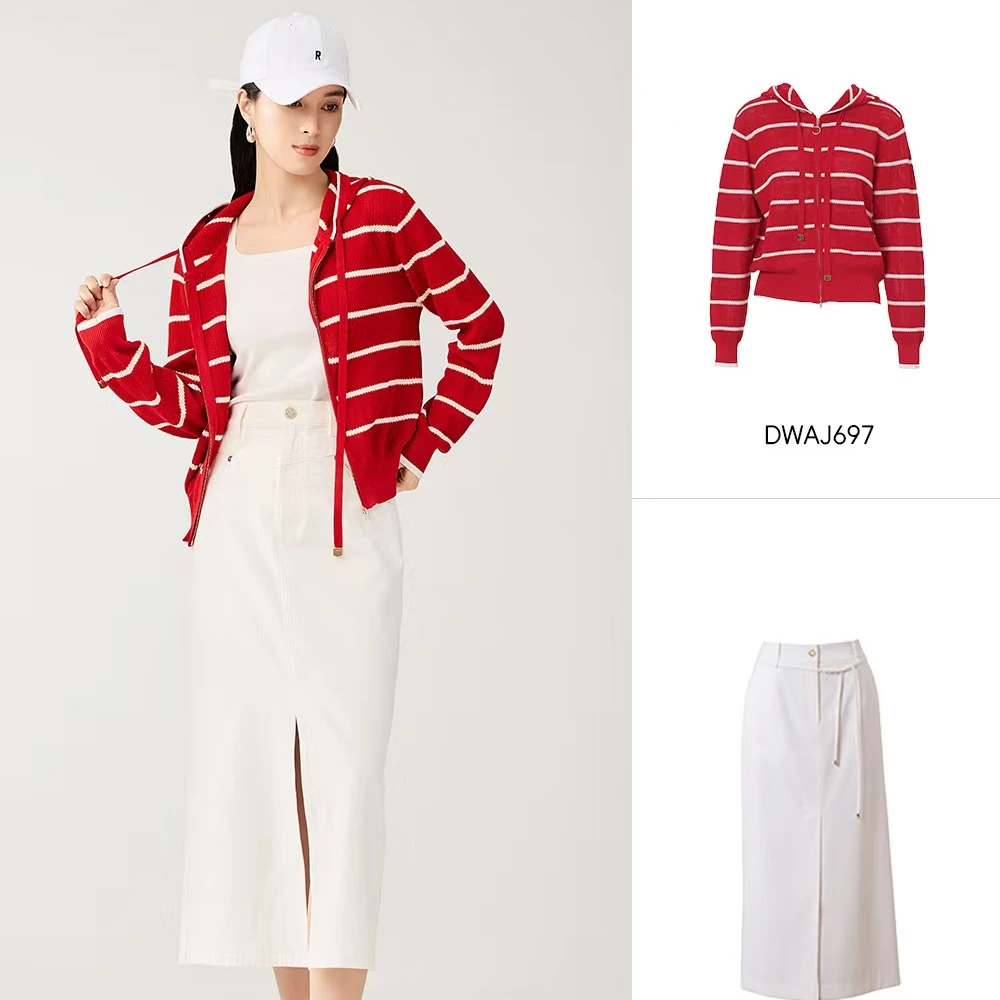 迪图红色连帽针织开衫女慵懒风V领宽松显瘦外搭毛衣