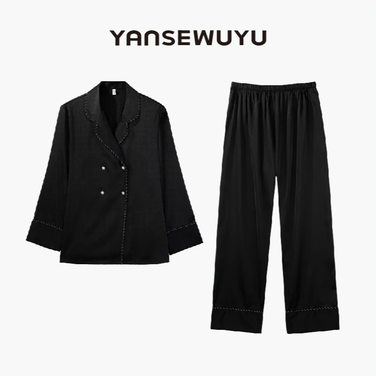 妍色物语【丝伦小香】丝质薄款小香风双排扣黑睡衣家居服睡衣女套装