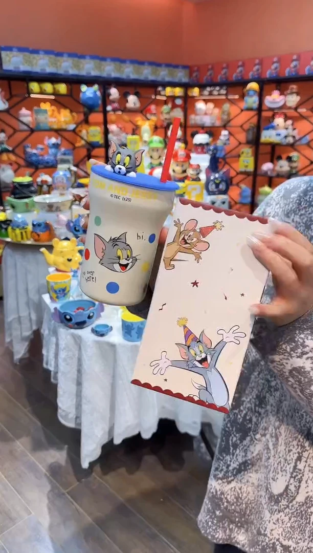 瓷片@@猫和老鼠蓝色带盖陶瓷吸管杯