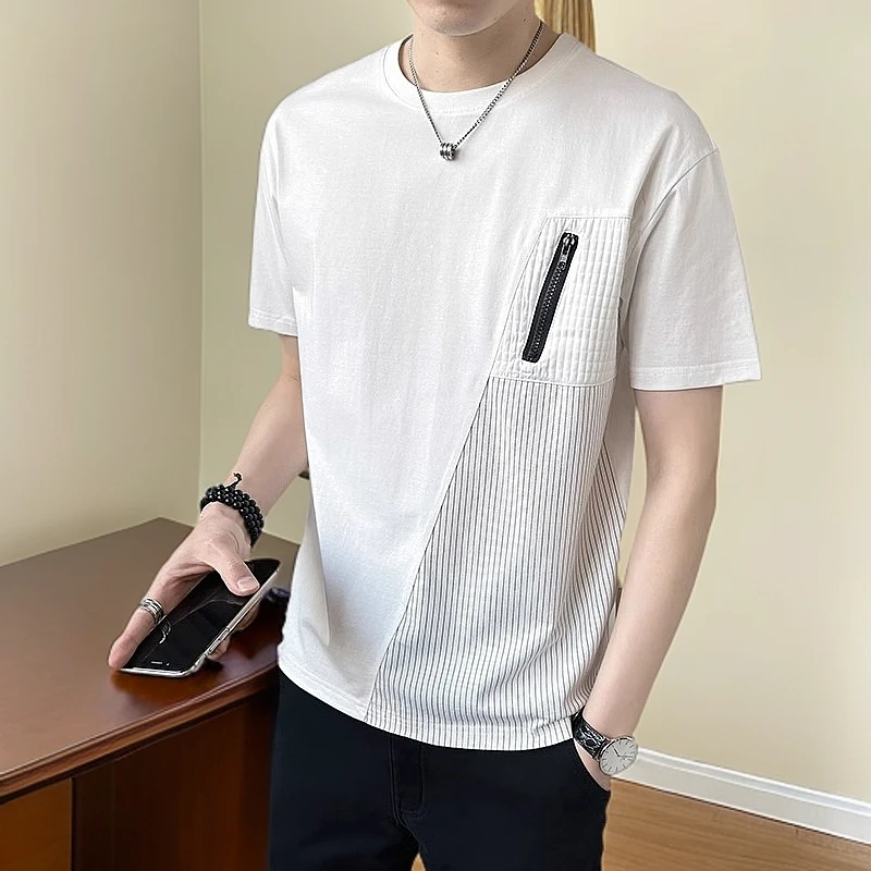短袖男款夏季男士T恤新款条纹拼接潮牌潮流圆领半袖男装上衣时尚