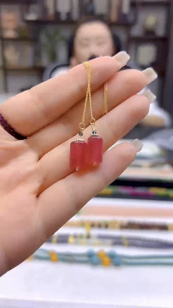 西瓜碧玺耳饰银S925镀金镶嵌DIY款E708
