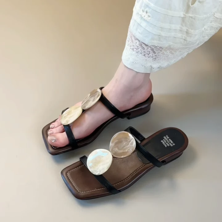 Pokoy-2.5cm法式复古方头一字带凉鞋女新款百搭粗跟露趾凉拖